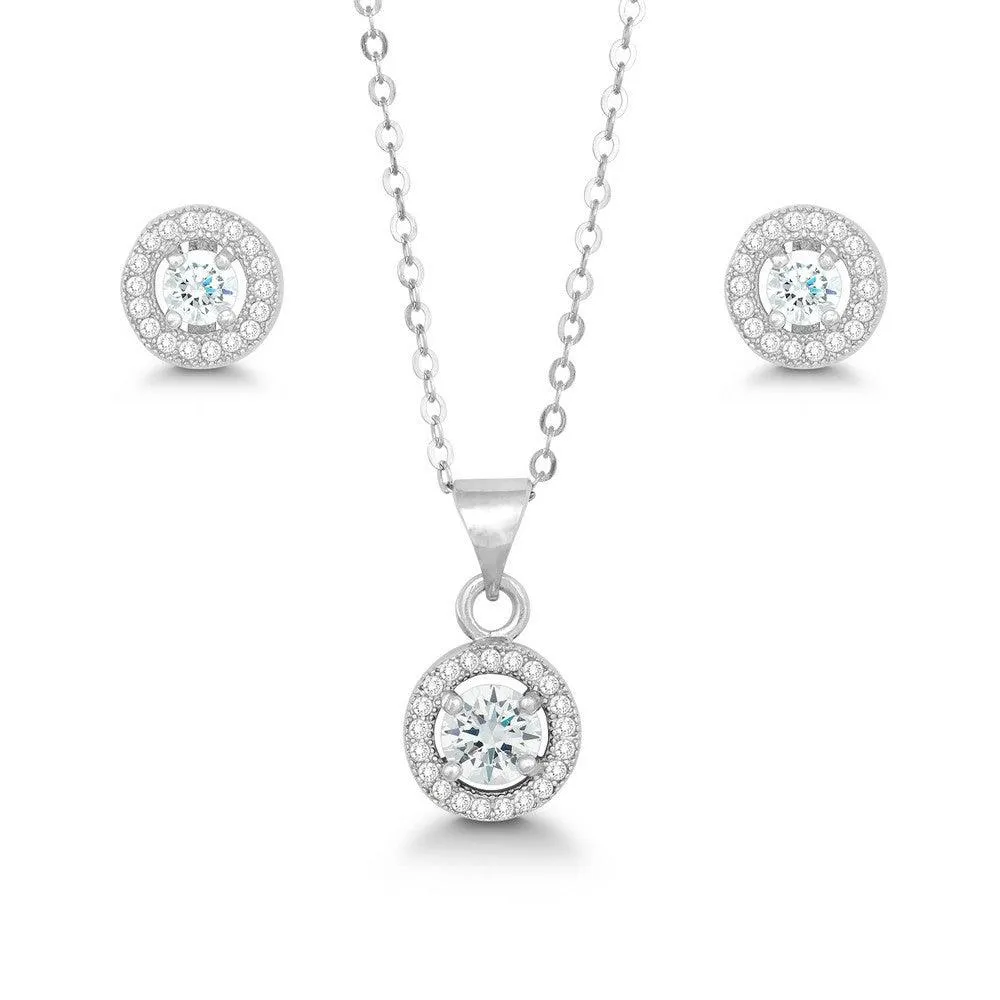 Sterling Silver Prong Round Clear CZ Pendant and Earrings Set