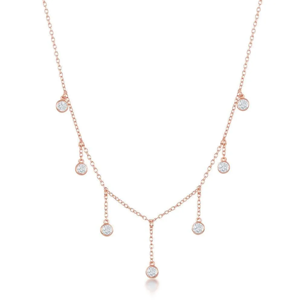 Sterling Silver Rose GP Dangling Bezel-Set CZ's Necklace