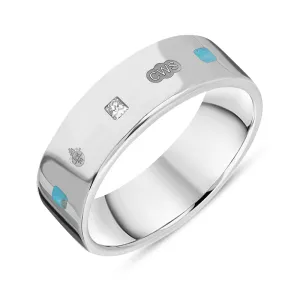 Sterling Silver Turquoise 0.18ct Diamond Queen's Jubilee Hallmark Princess Cut 6mm Ring D