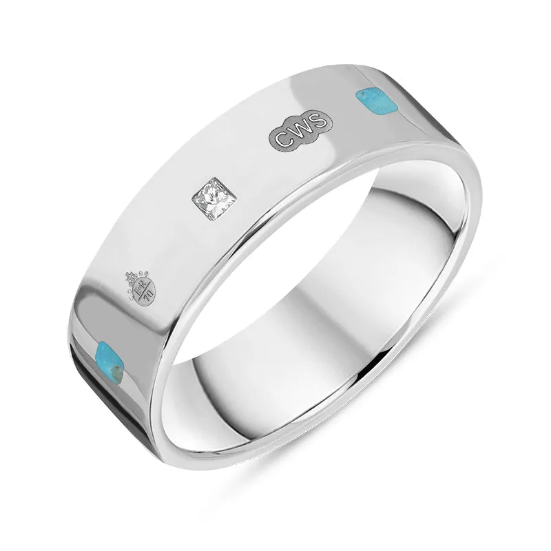 Sterling Silver Turquoise 0.18ct Diamond Queen's Jubilee Hallmark Princess Cut 6mm Ring D