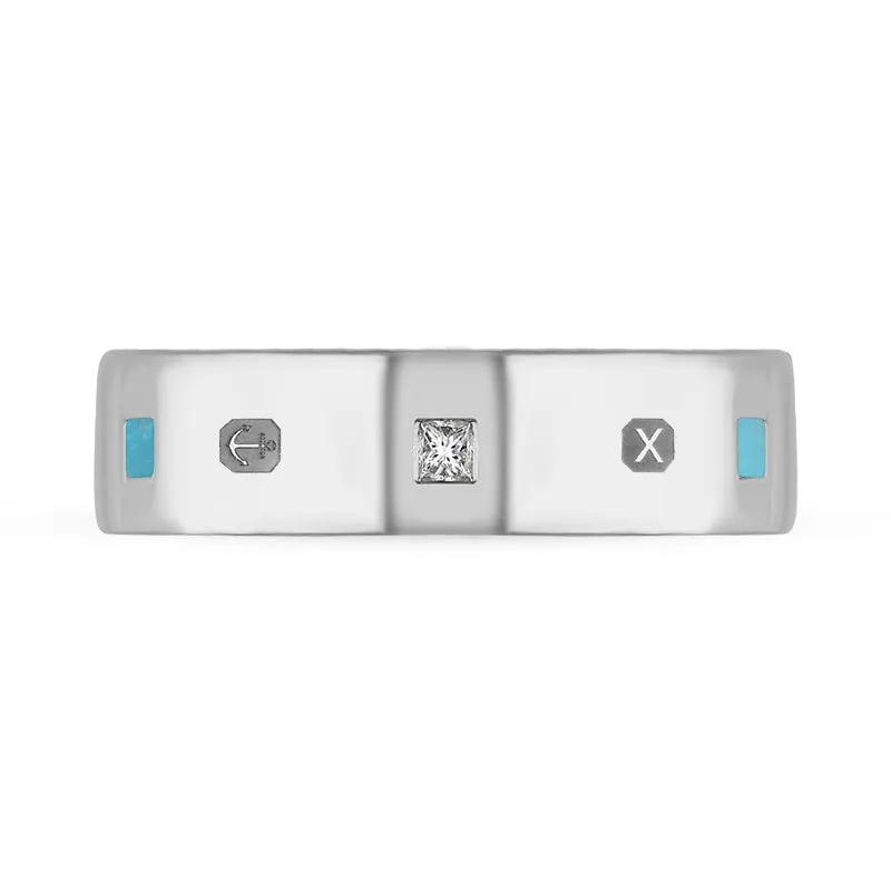 Sterling Silver Turquoise 0.18ct Diamond Queen's Jubilee Hallmark Princess Cut 6mm Ring D