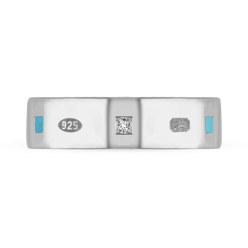 Sterling Silver Turquoise 0.18ct Diamond Queen's Jubilee Hallmark Princess Cut 6mm Ring D