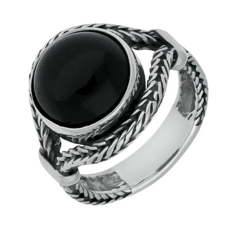 Sterling Silver Whitby Jet Round Split Shank Foxtail Ring D