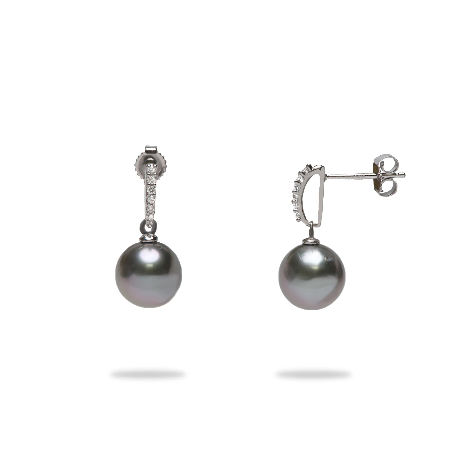 Tahitian Black Pearl Earrings in White Gold with Diamonds - 9-10mm
