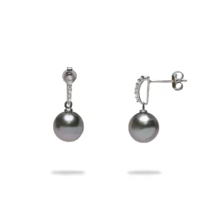 Tahitian Black Pearl Earrings in White Gold with Diamonds - 9-10mm