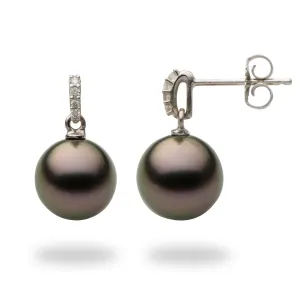 Tahitian Black Pearl Earrings in White Gold with Diamonds - 9-10mm