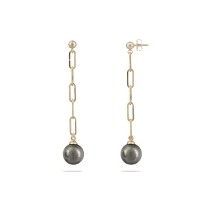 Tahitian Black Pearl Paperclip Chain Earrings in Gold - 10-11mm