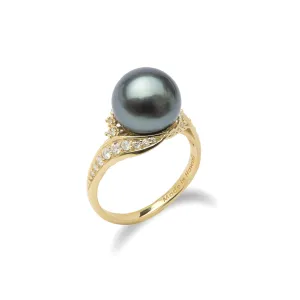 Tahitian Black Pearl Ring in Gold with Diamonds - 10-11mm