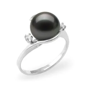 Tahitian Black Pearl Ring in White Gold with Diamonds - 9-10mm