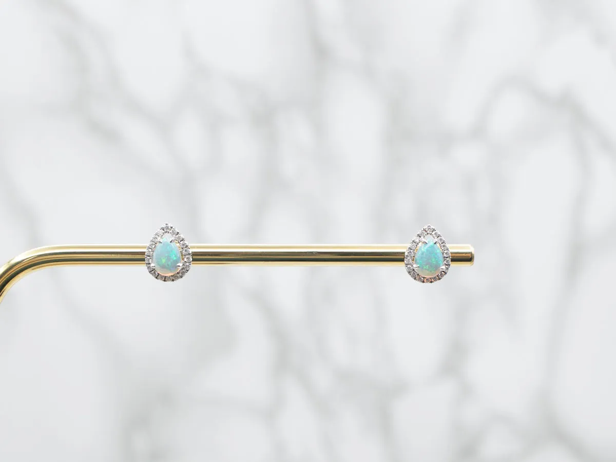 Teardrop Opal and Diamond Halo Stud Earrings
