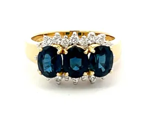 Three Oval Blue Sapphire and Diamond Ring in 18K Yellow Gold
