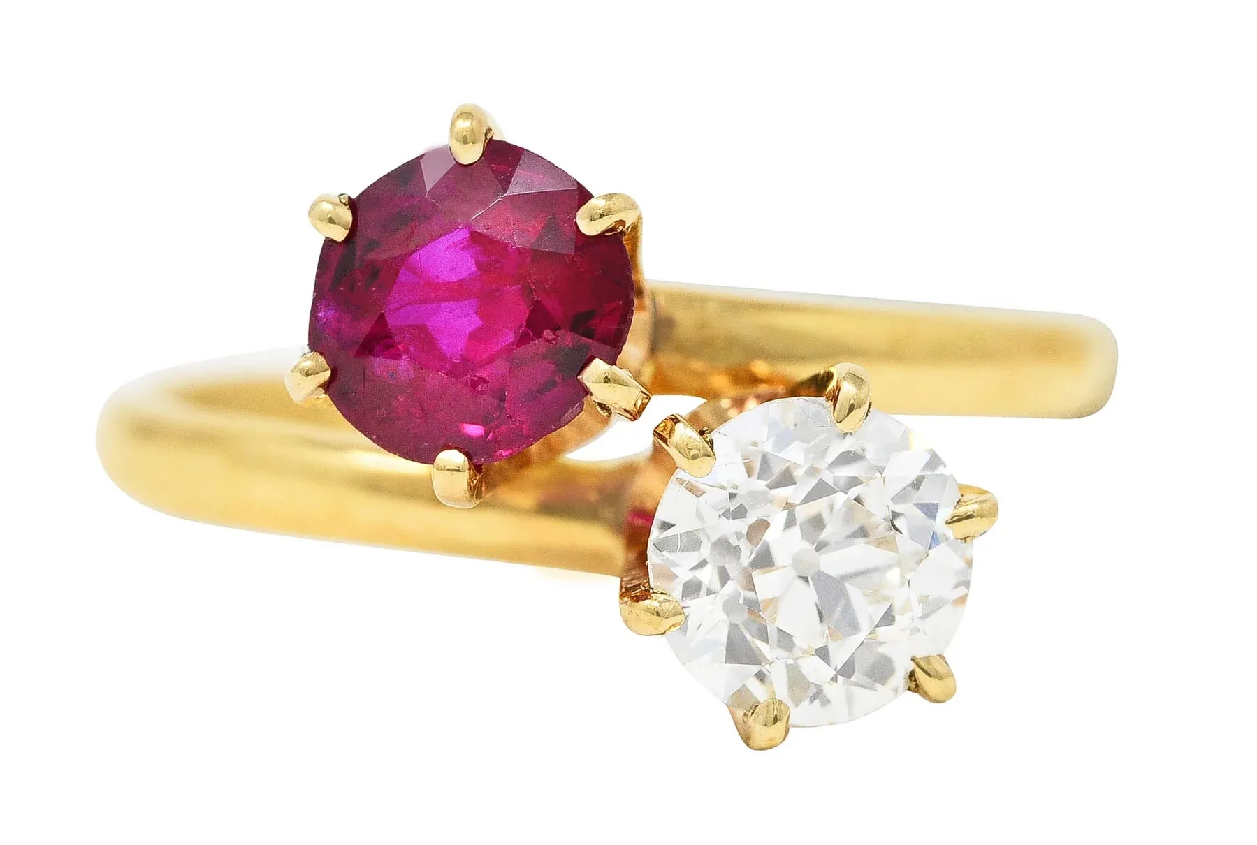 TIFFANY & CO. VICTORIAN 1.08 CTW RUBY OLD EUROPEAN CUT DIAMOND ANTIQUE TOI ET MOI BYPASS RING