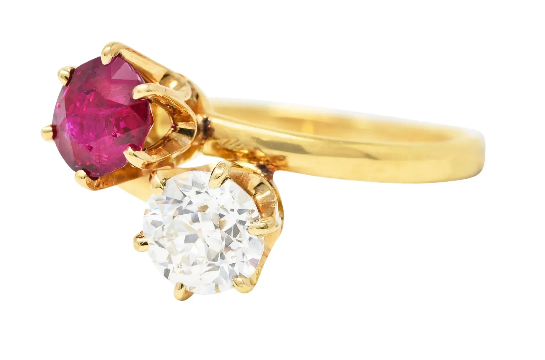 TIFFANY & CO. VICTORIAN 1.08 CTW RUBY OLD EUROPEAN CUT DIAMOND ANTIQUE TOI ET MOI BYPASS RING
