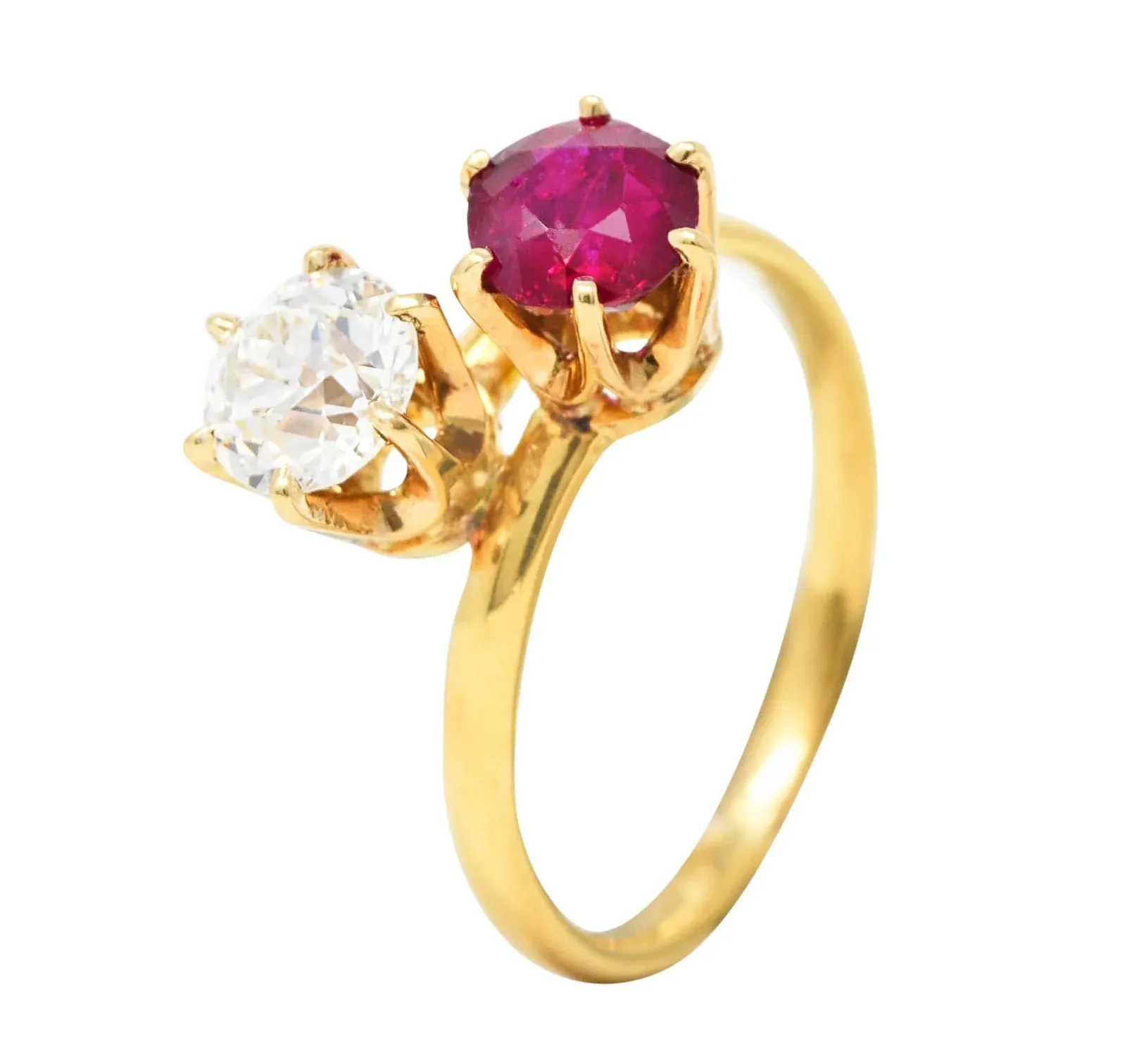 TIFFANY & CO. VICTORIAN 1.08 CTW RUBY OLD EUROPEAN CUT DIAMOND ANTIQUE TOI ET MOI BYPASS RING