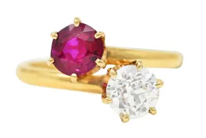 TIFFANY & CO. VICTORIAN 1.08 CTW RUBY OLD EUROPEAN CUT DIAMOND ANTIQUE TOI ET MOI BYPASS RING