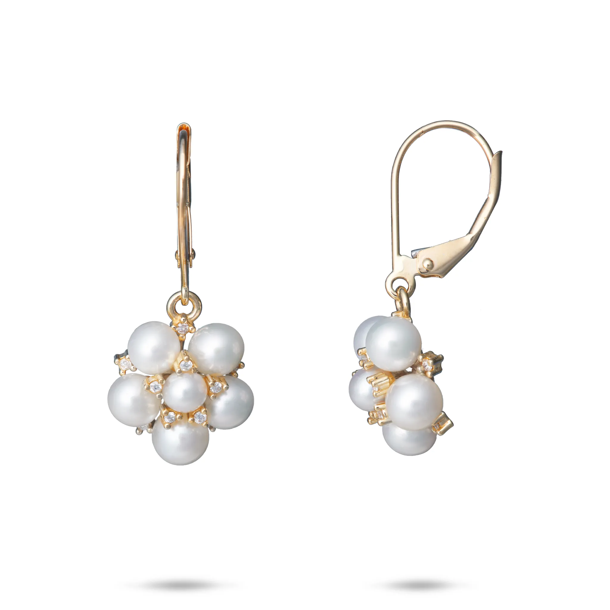 Tiny Bubbles Freshwater White Pearl Earrings in Gold with Diamonds