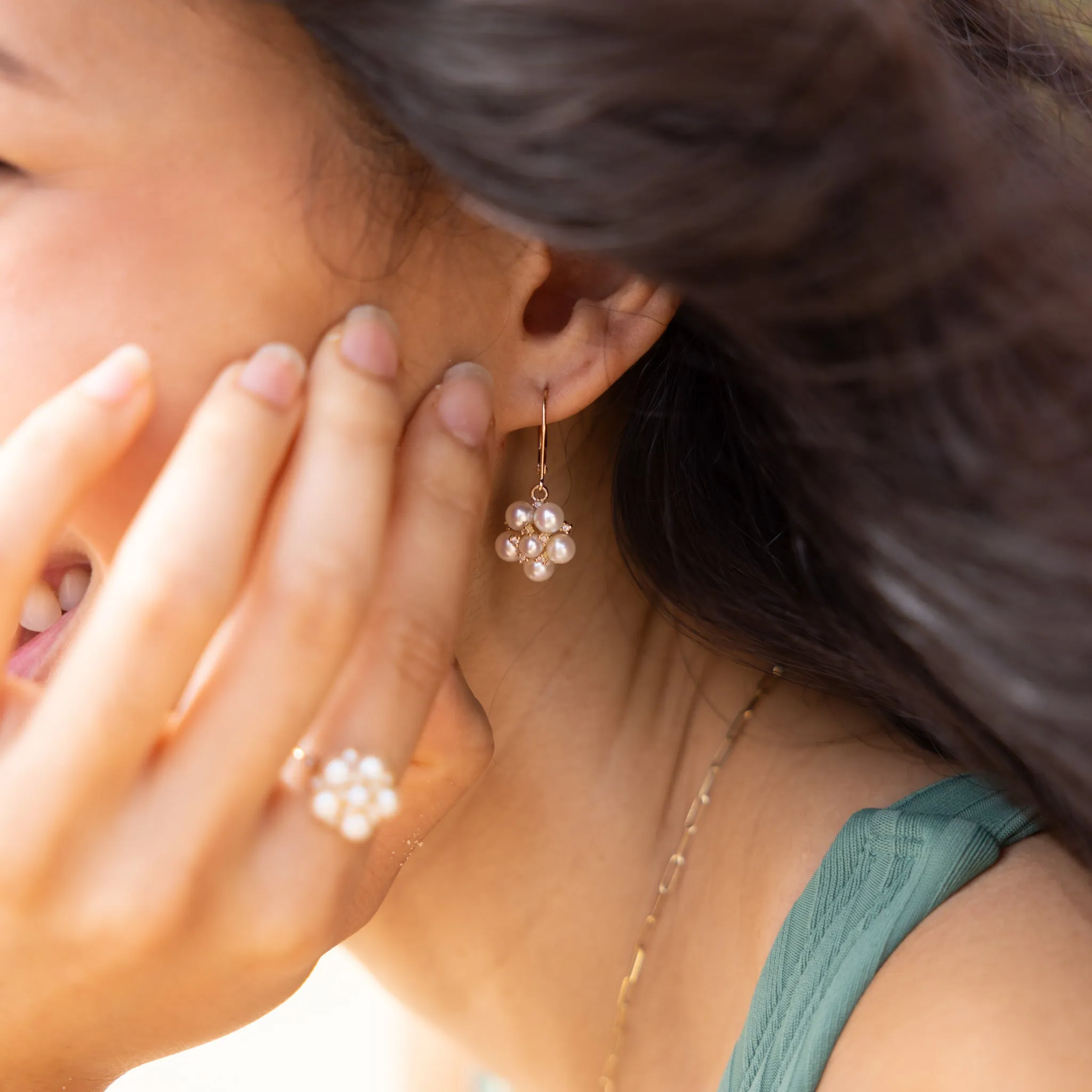 Tiny Bubbles Freshwater White Pearl Earrings in Gold with Diamonds