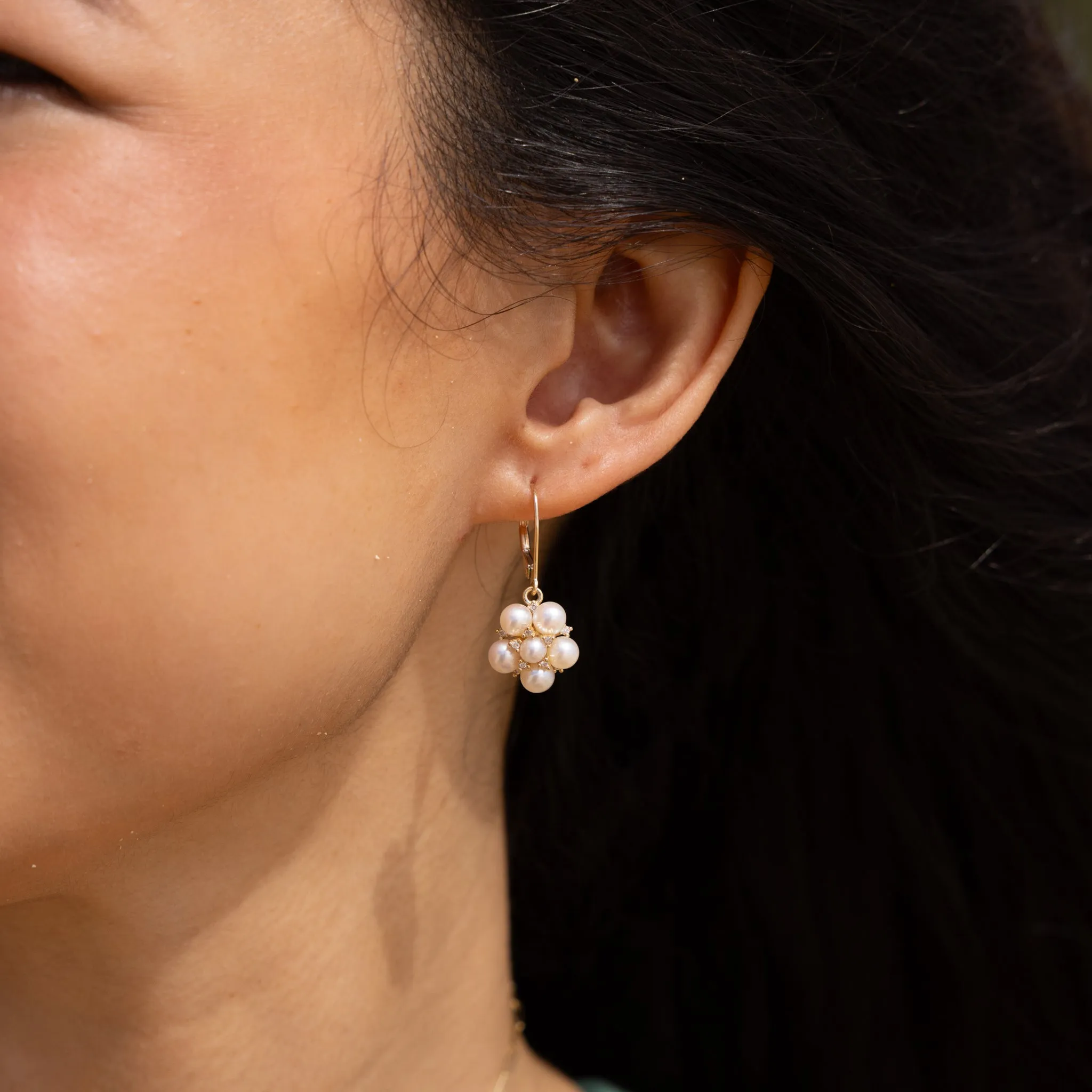 Tiny Bubbles Freshwater White Pearl Earrings in Gold with Diamonds