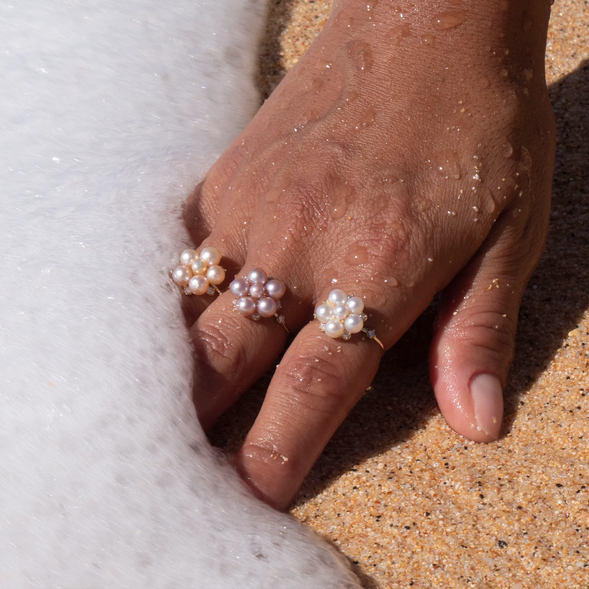 Tiny Bubbles Peach Freshwater Pearl Ring in Gold with Diamonds