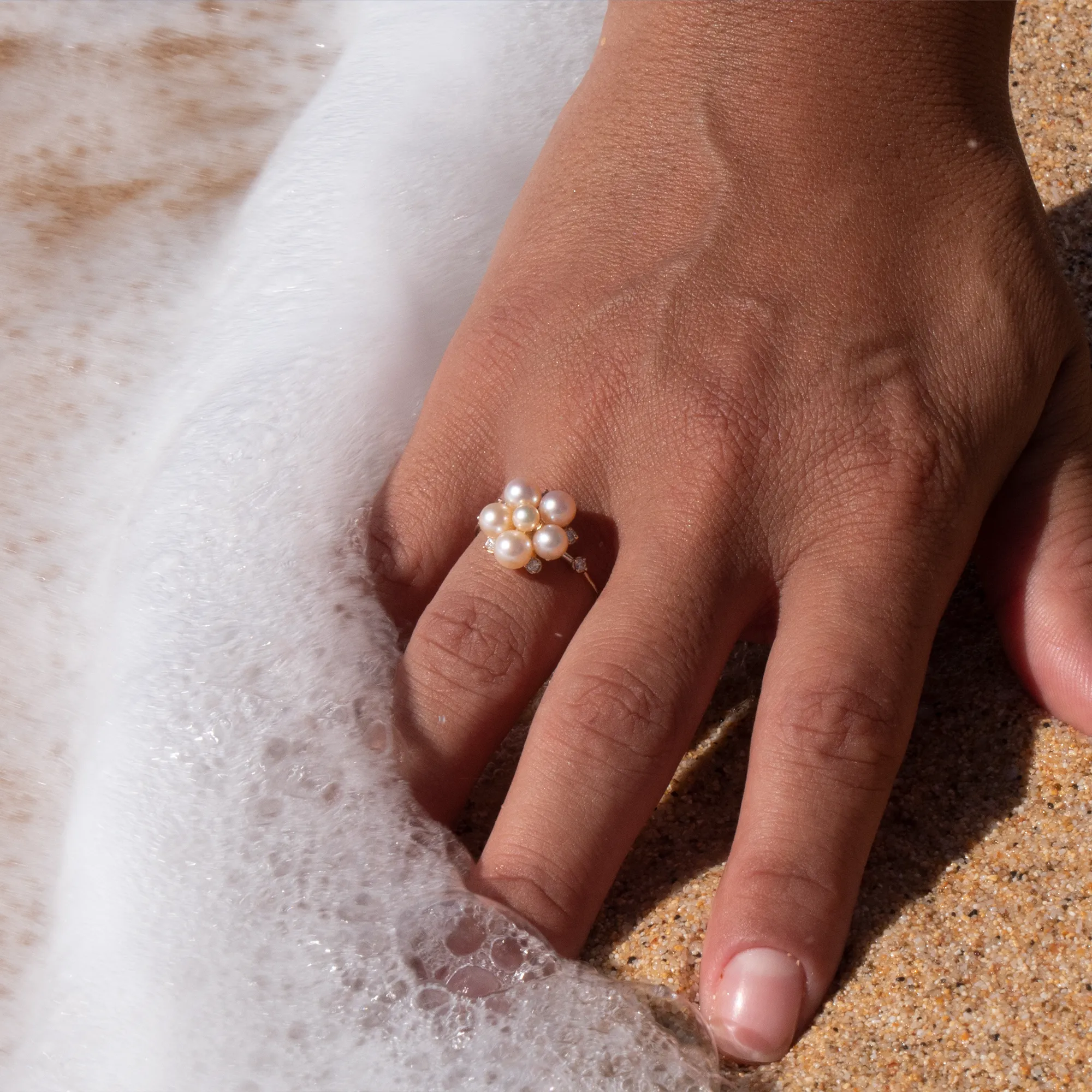 Tiny Bubbles Peach Freshwater Pearl Ring in Gold with Diamonds