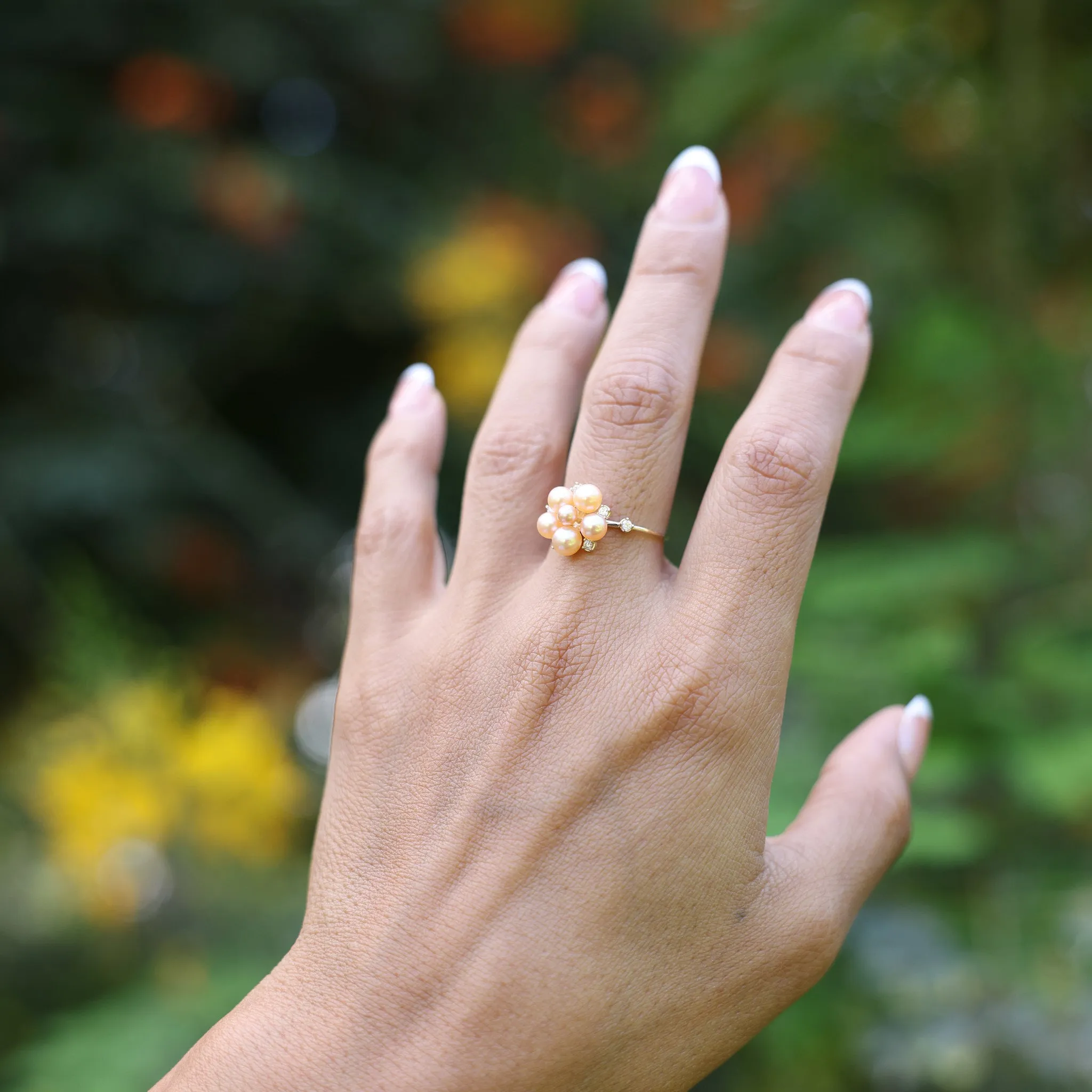 Tiny Bubbles Peach Freshwater Pearl Ring in Gold with Diamonds