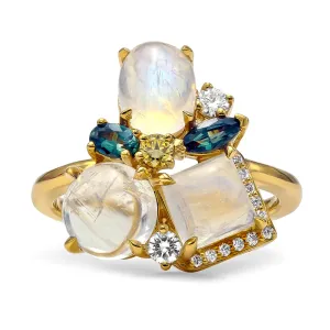 Triple Cluster Moonstone and Alexandrite Ring
