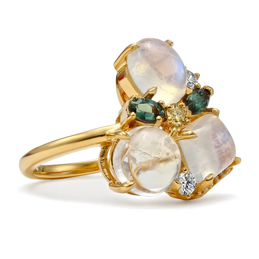 Triple Cluster Moonstone and Alexandrite Ring