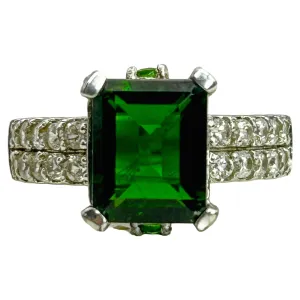 Tsavorite and White Topaz Ring Octagon Cut Thailand 925 Sterling Silver SIZE 7