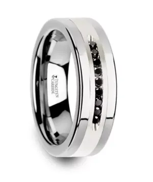 Tungsten ??Blackstone?? 8mm Silver Inlay Center And Black Diamonds Flat Wedding Band