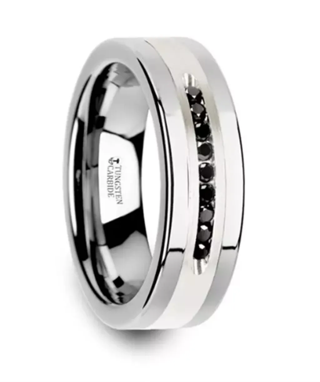 Tungsten ??Blackstone?? 8mm Silver Inlay Center And Black Diamonds Flat Wedding Band