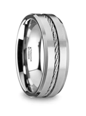 Tungsten ??Lannister?? 8mm Steel Wire Cable Inlay Flat Wedding Band
