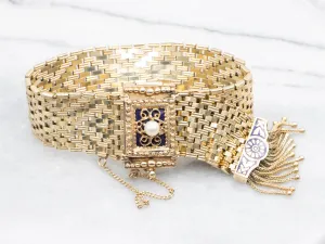 Victorian Revival Pearl and Blue Enamel Mesh Slide Bracelet