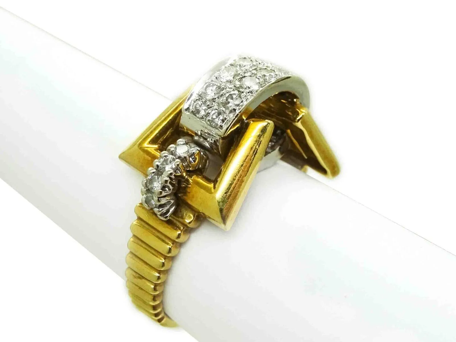 Vintage 1.00ct tw Diamond Buckle Design Band Ring 18k Two-Tone Gold Size 7.5