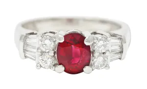 VINTAGE 2.14 CTW OVAL CUT THAI RUBY DIAMOND PLATINUM GEMSTONE RING GIA