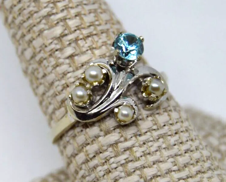 Vintage Blue Zircon & Pearl 14k White Gold Band Ring, Size 10