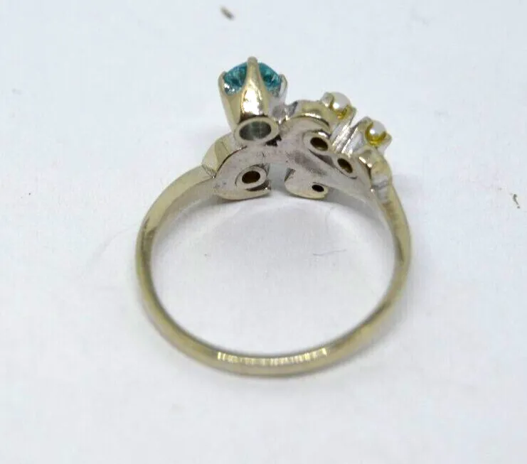 Vintage Blue Zircon & Pearl 14k White Gold Band Ring, Size 10
