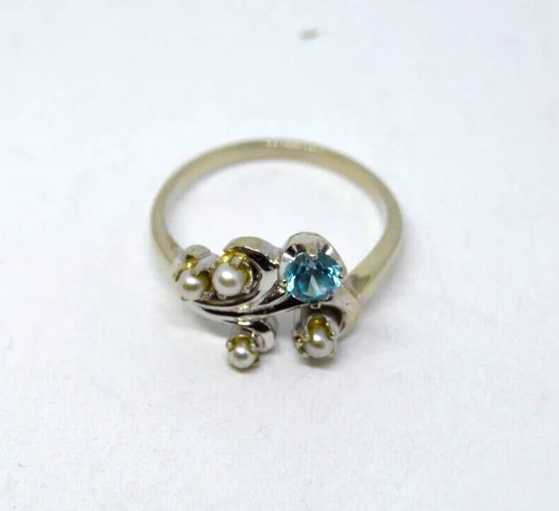 Vintage Blue Zircon & Pearl 14k White Gold Band Ring, Size 10