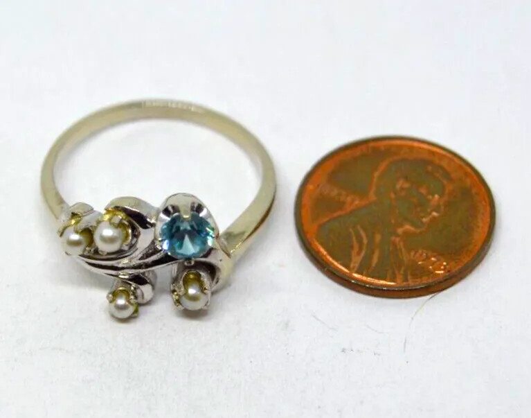 Vintage Blue Zircon & Pearl 14k White Gold Band Ring, Size 10