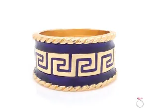 Vintage Designer MAZ Large Blue Enamel Cigar Ring in 14k Yellow Gold