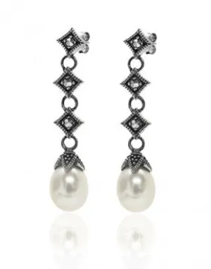 Vintage Inspired Marcasite & Pearl Drop Studs