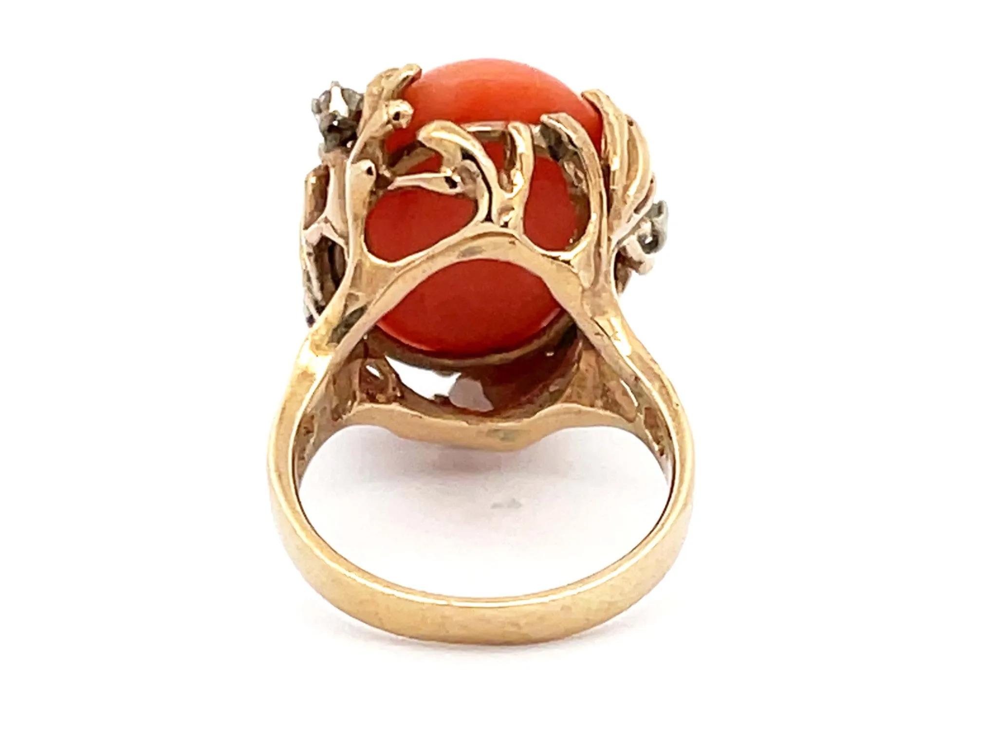 Vintage Mediterranean Coral and Diamond Ring in 14k Yellow Gold