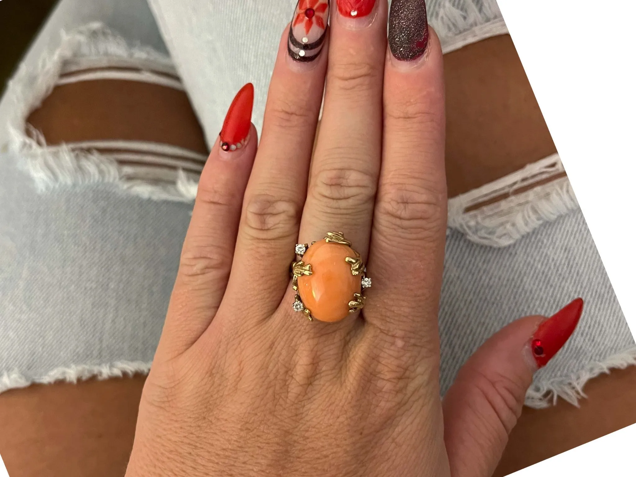 Vintage Mediterranean Coral and Diamond Ring in 14k Yellow Gold