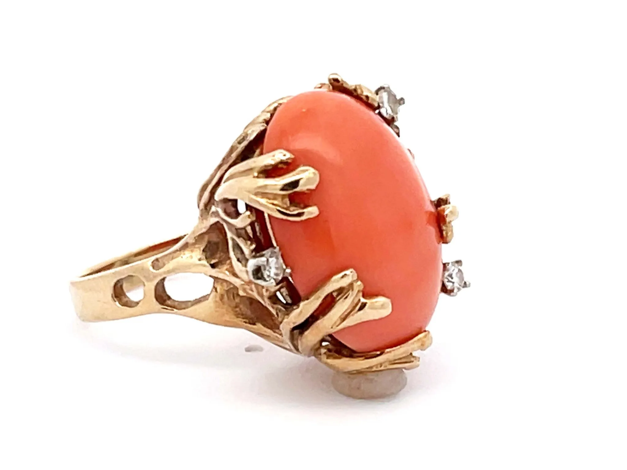 Vintage Mediterranean Coral and Diamond Ring in 14k Yellow Gold