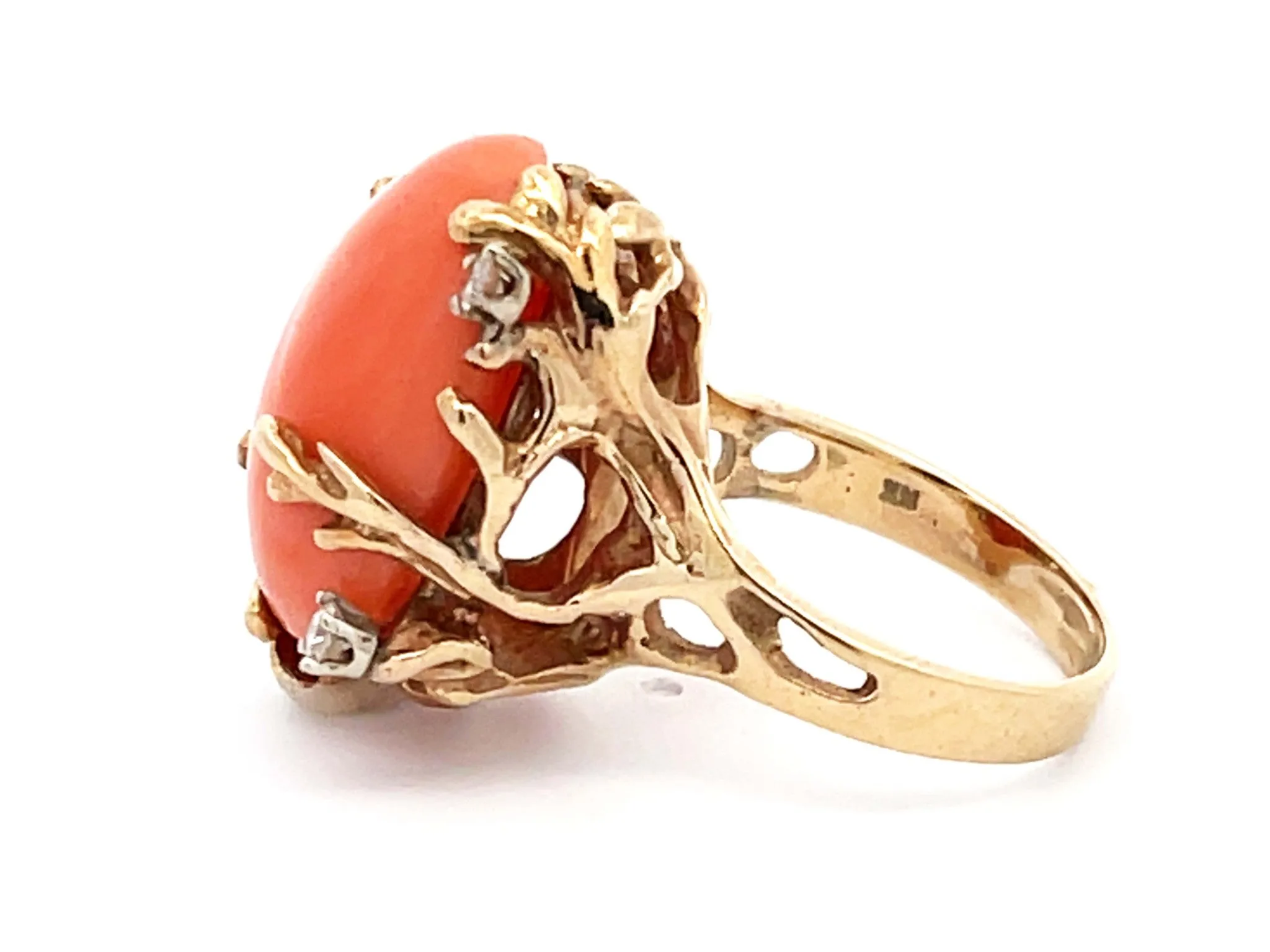 Vintage Mediterranean Coral and Diamond Ring in 14k Yellow Gold