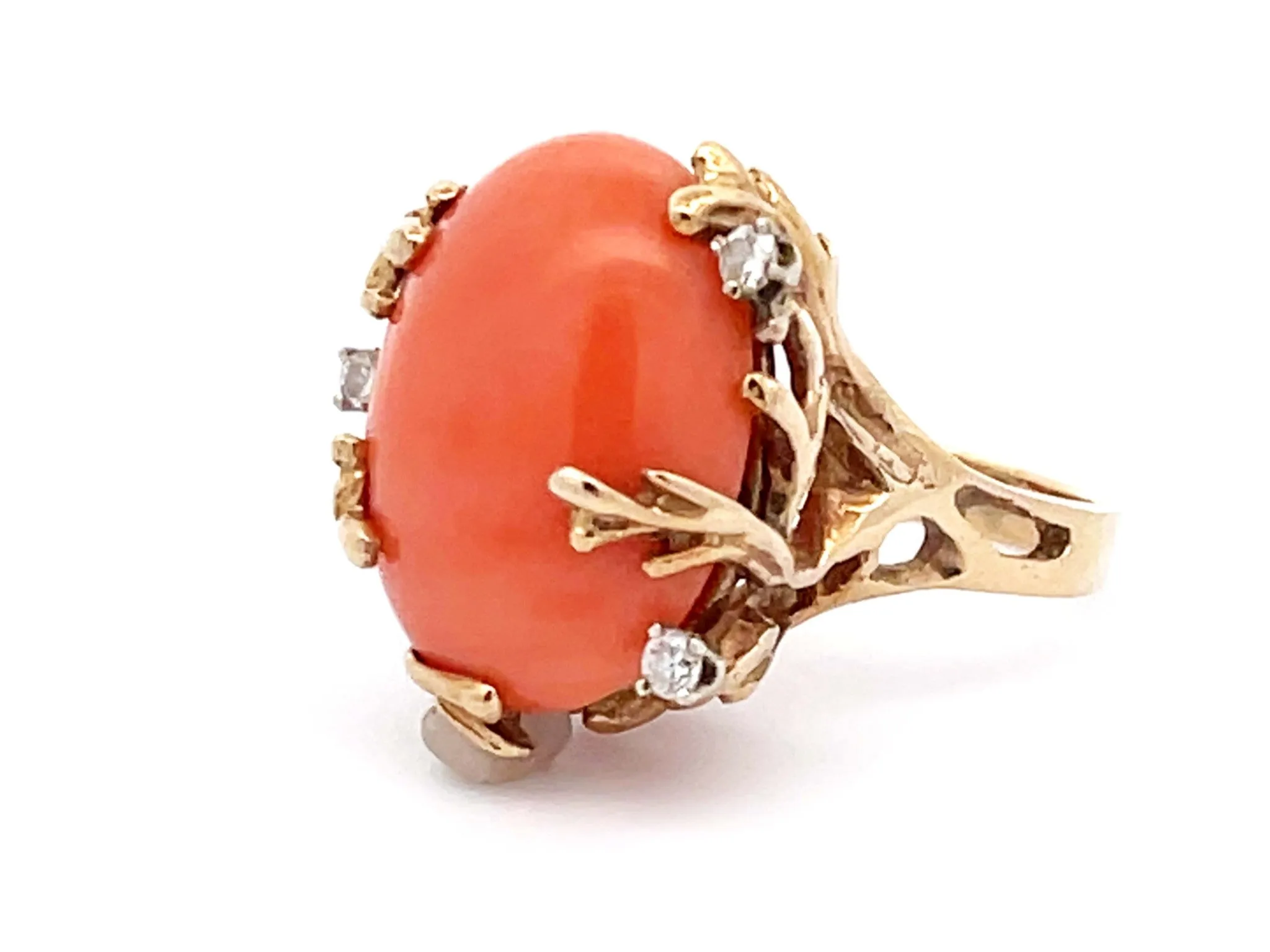 Vintage Mediterranean Coral and Diamond Ring in 14k Yellow Gold