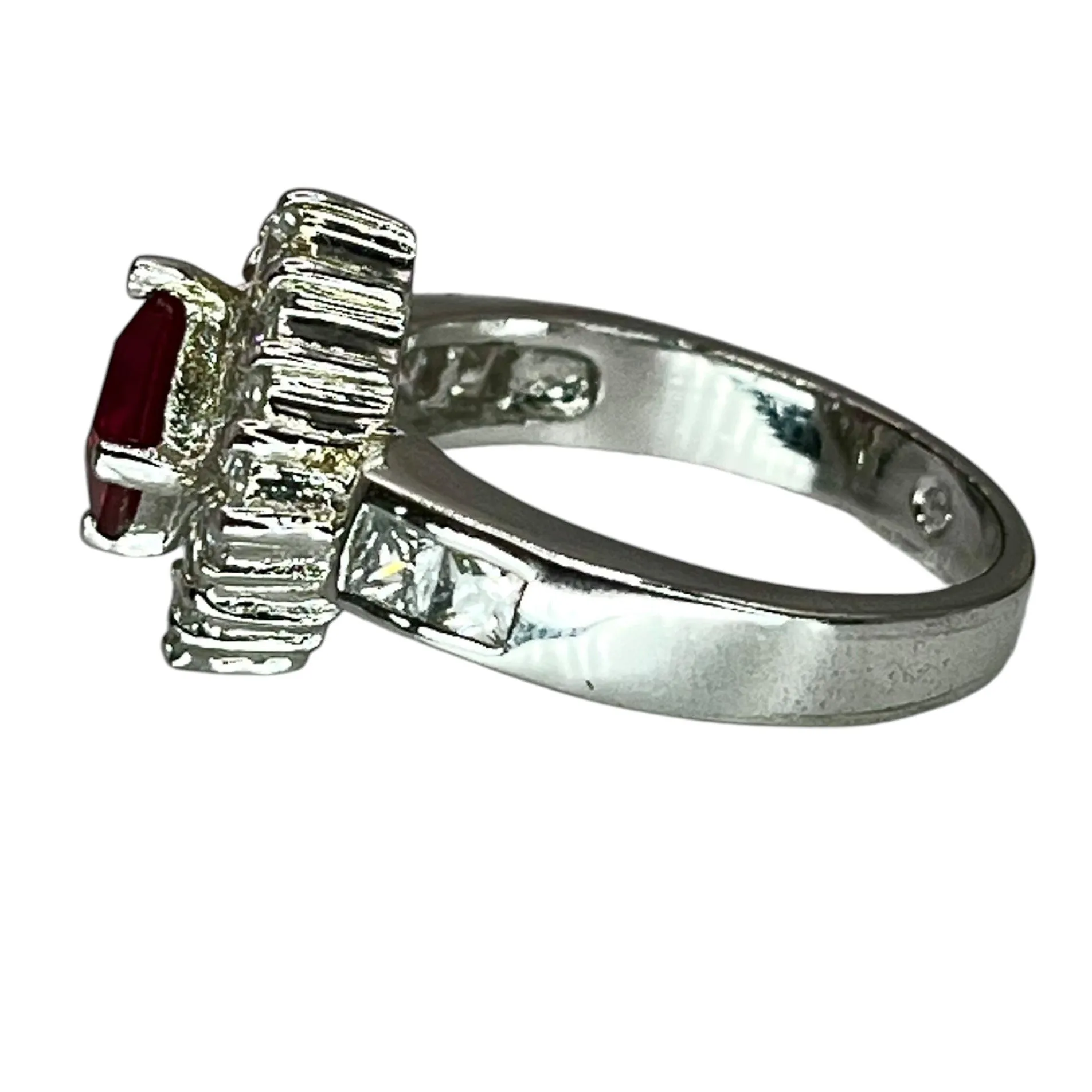 Vintage Styled Silver Tone Princess Cut Ring Cubic Zirconia Ruby Colored Stone