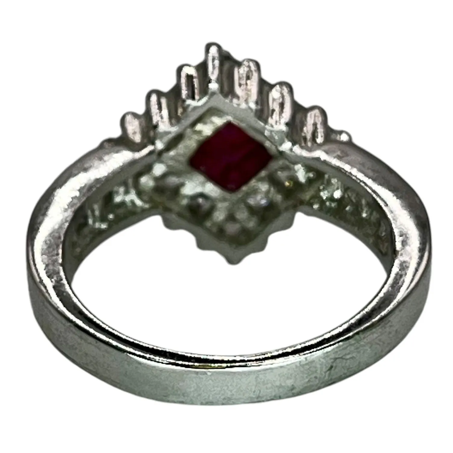 Vintage Styled Silver Tone Princess Cut Ring Cubic Zirconia Ruby Colored Stone