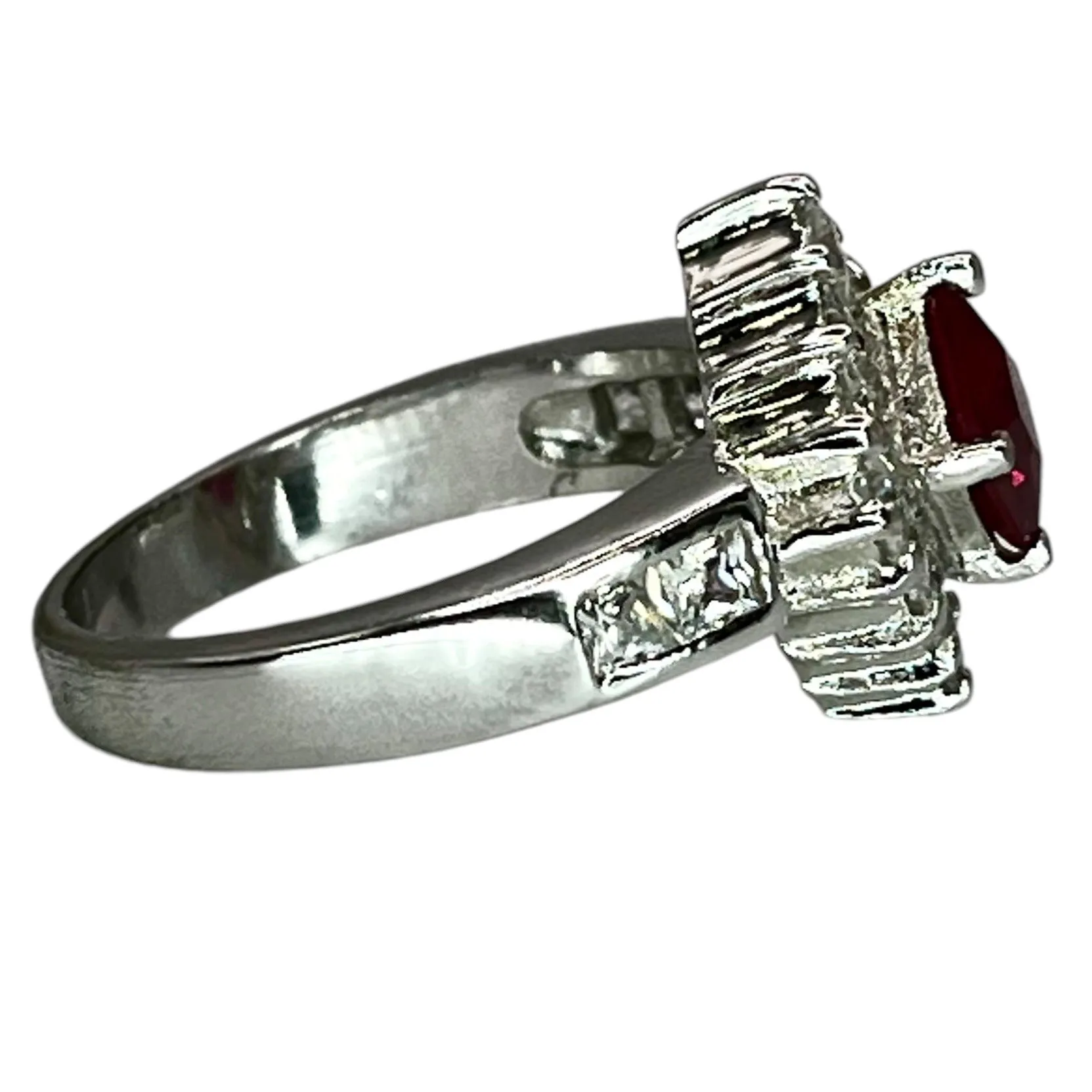 Vintage Styled Silver Tone Princess Cut Ring Cubic Zirconia Ruby Colored Stone