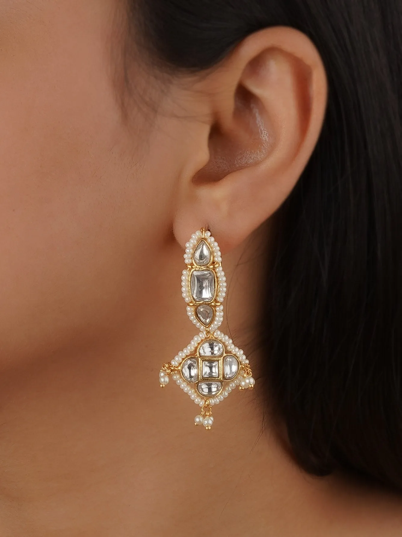 White Color Gold Plated Jadau Kundan Earrings - ME1213