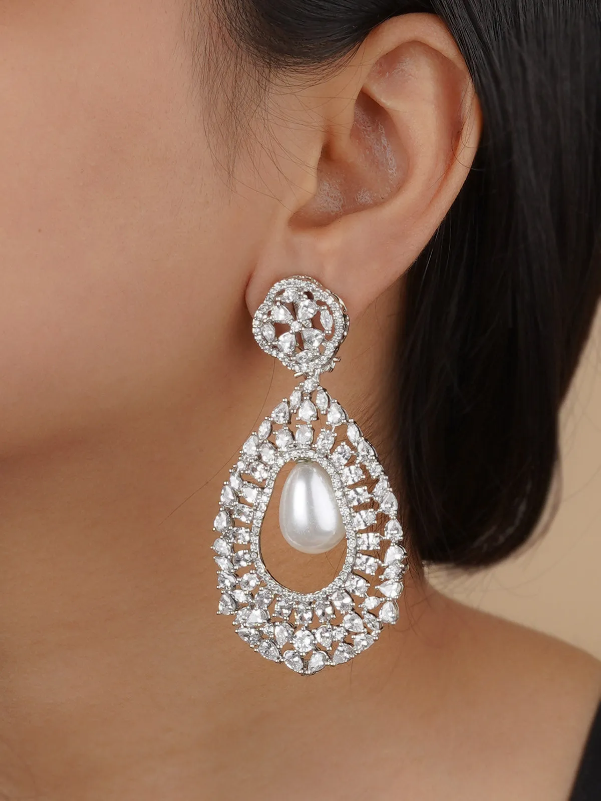 White Color Silver Plated Faux Diamond Earrings - CZEAR532